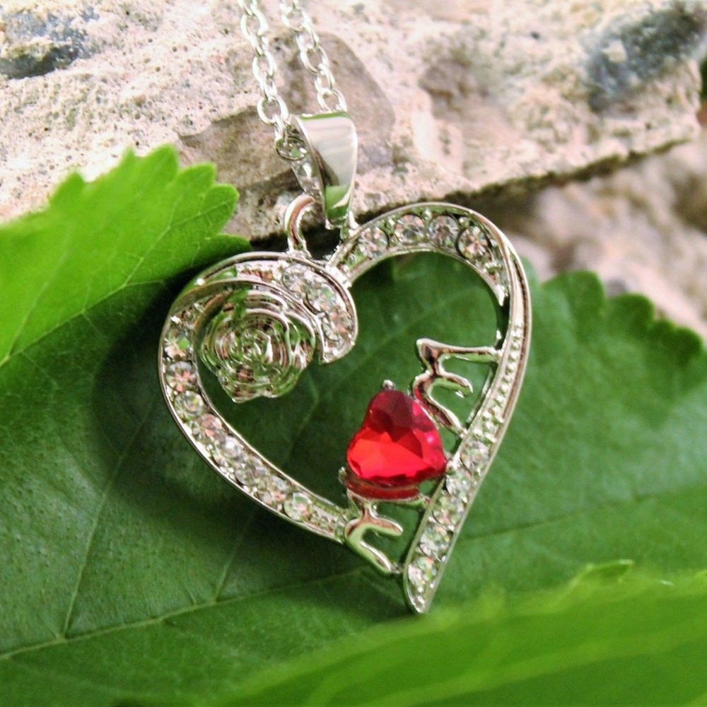 Silver Heart Rose Rhinestone Mom Pendant Necklace